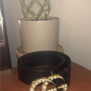 Gucci Black Belt with Gold and Pearl Buckle